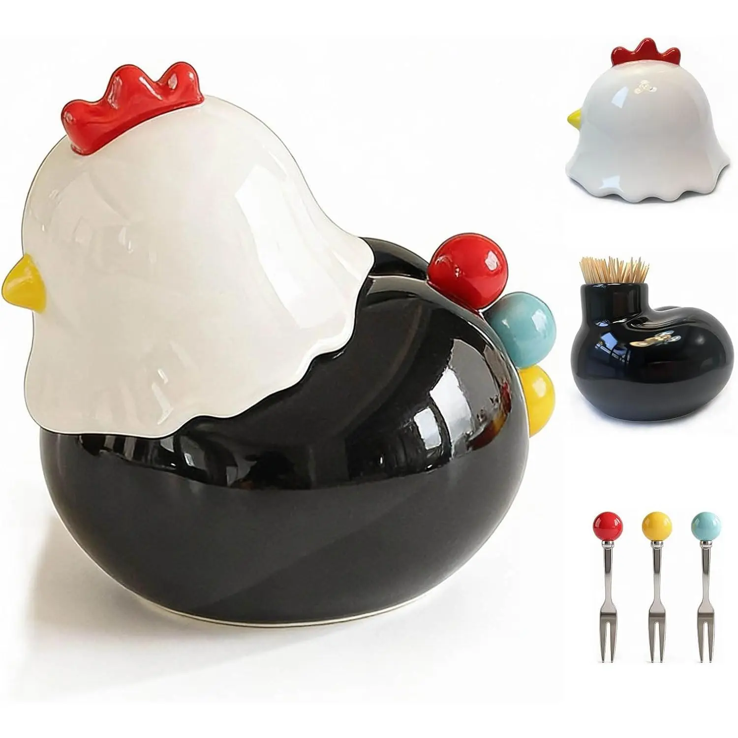 Toothpick Holder Dispenser and Fruit Fork Set,  Cute Kitchen Decor and Gadgets Gifts, 3 -Grade 304 Stainless Steel Forks, Funny Kitchen Gadgets for  Table Accessories