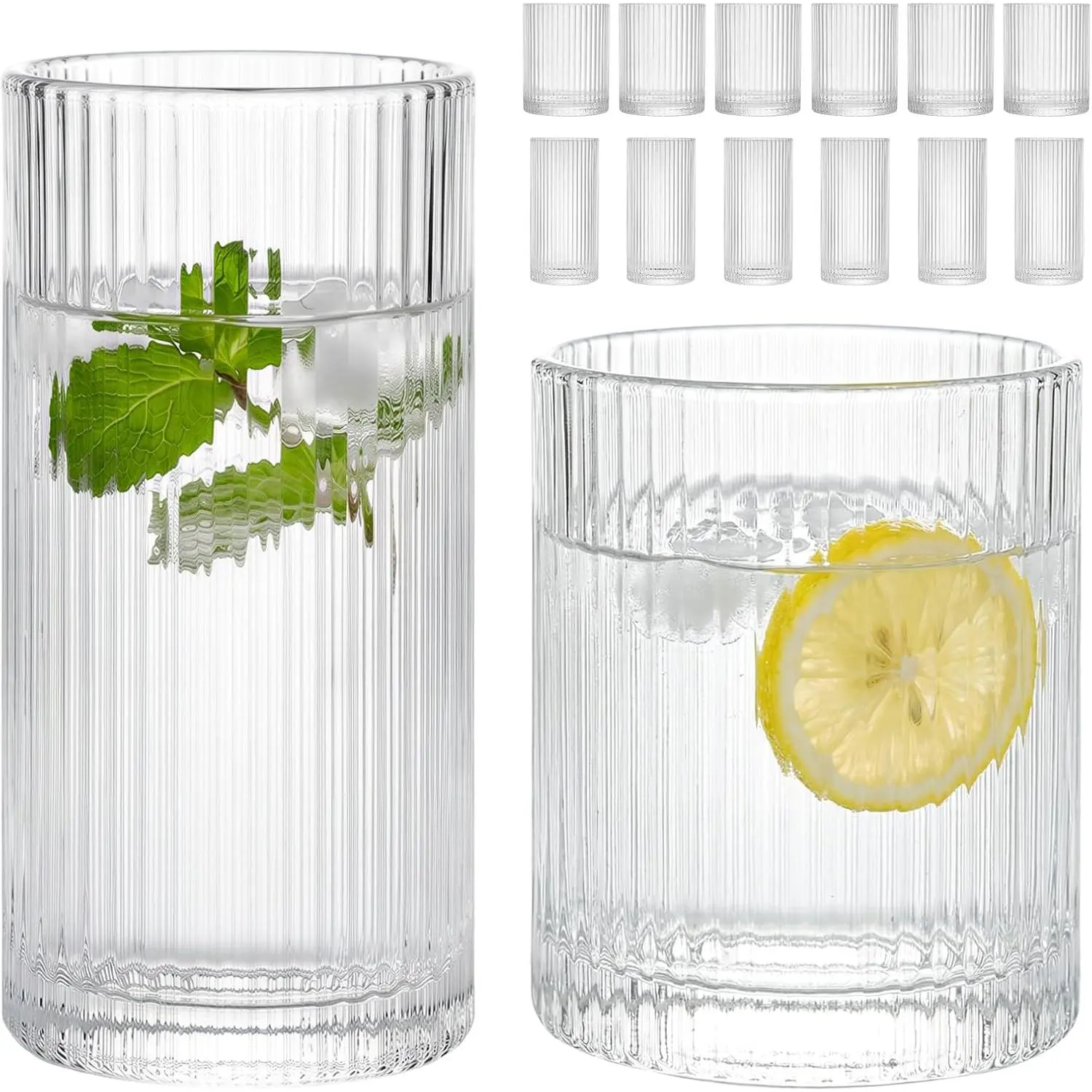 Ribbed Drinking Glasses Set of 12, Glassware Clear Water Glass Cups, 6 Highball Glasses 12 Oz, 6 Rocks Glass 13 Oz, Ribbed Kitchen Bar Tumbler for Wine, Juice, Ice Coffee, Whiskey