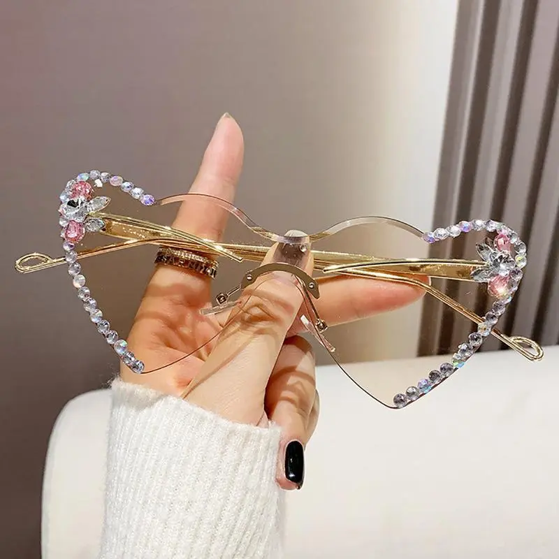 Women's Semi-Rimless Fashionable Sunglasses - Heart-Shaped Metal Frame, Pink-Tinted PC Blue Light Blocking Lenses, Sparkling Accents, Lightweight Vintage UV400 Protection Eyewear, Trendy Styling for Beach, Driving, Trendy Styling Sunglasses, Sunglasses Fo