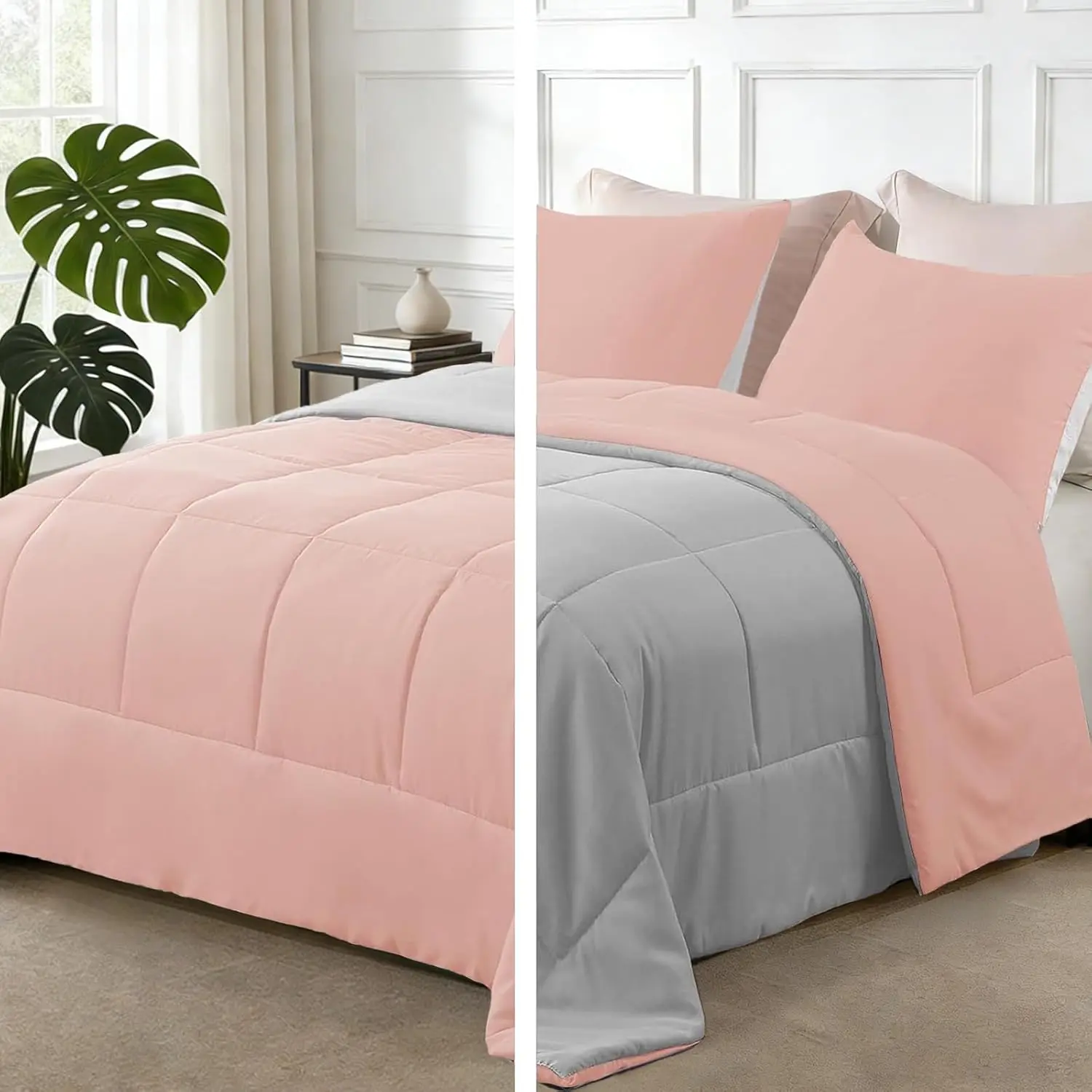 3-Piece Reversible Soft Full Comforter Set - Classic Solid Blush Pink/Light Grey Breathable Lightweight Microfiber Down Alternative, All-Season Home Bedroom Bedding with 2 Pillow Shams
