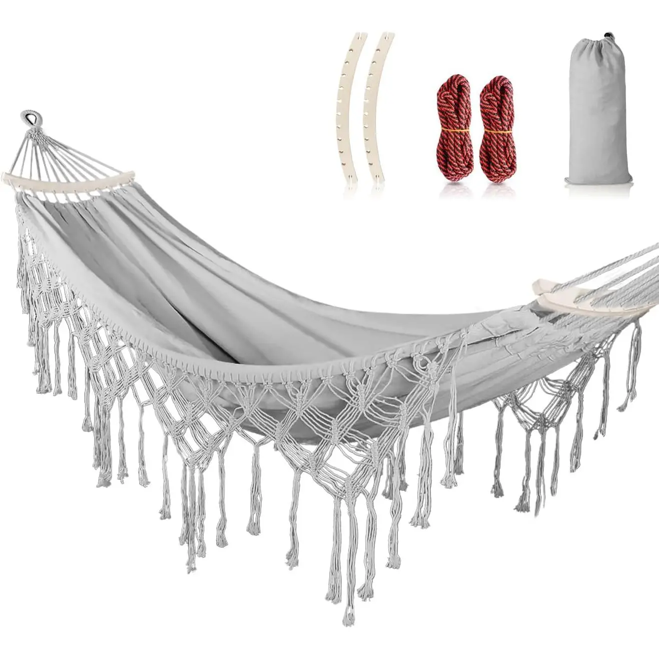 Backyard Hammock with Tassels Max 500lbs Canvas Fabric Bohemian Style with Thickened Rope and Carry Bag for Outdoor, Garden, Patio, Wedding Decor (Gray)