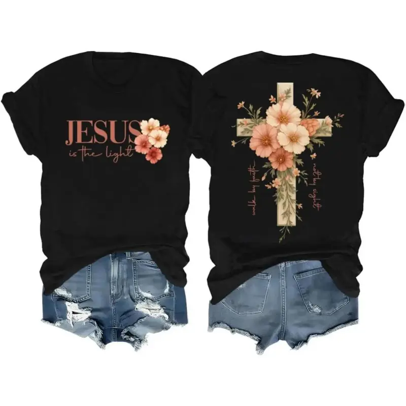 Women's Casual Short Sleeve Christian Sports Top Round Neck Floral Cross Print Comfortable Fabric Christian Clothing for Women Daily Wear Christian Sportswear,t-shirt,funny,father,Cute,Monaco,fashion graphic tee,Versatile,Vin,Neck Raglan ,Moistu,polyester
