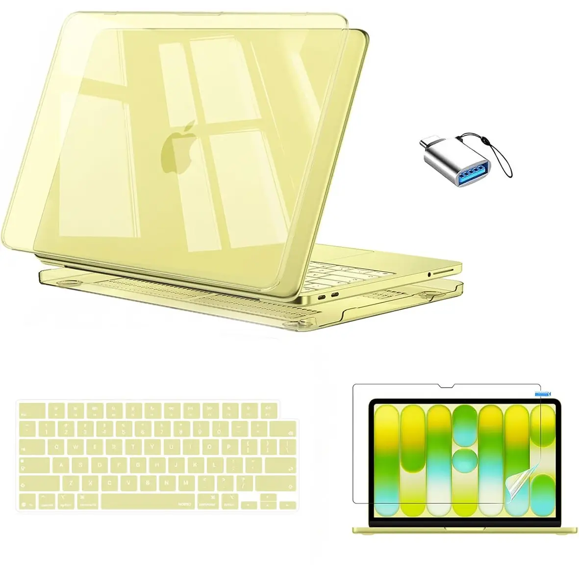 Yellow 4 in 1 MacBook NEO Hard Shell Case Set, with Keyboard Cover Screen Protector & USB C Adapter, Scratch Resistant Laptop Protective Cover