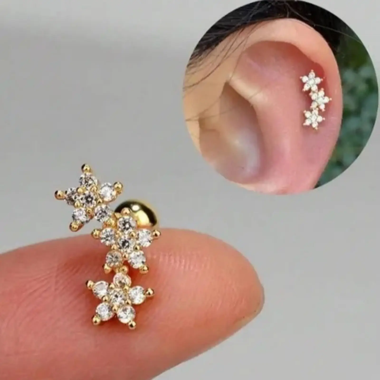 Cartilage Stud Earrings for Women, 3 Flower Sparkly Cubic Zirconia Piercing Jewelry, Hypoallergenic Stainless Steel Tiny Dainty Studs, Suitable for Daith Conch Tragus Helix Piercings, Daily Casual & Party Accessory Gift