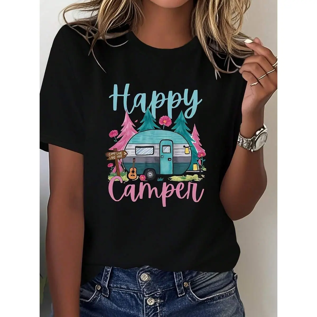 Fashionable Camping Outfit Featuring A 'Happy Camper' Design With A Camper Graphic, Regular-Size Women'S Casual Round-Neck T-Shirt For Spring And Summer