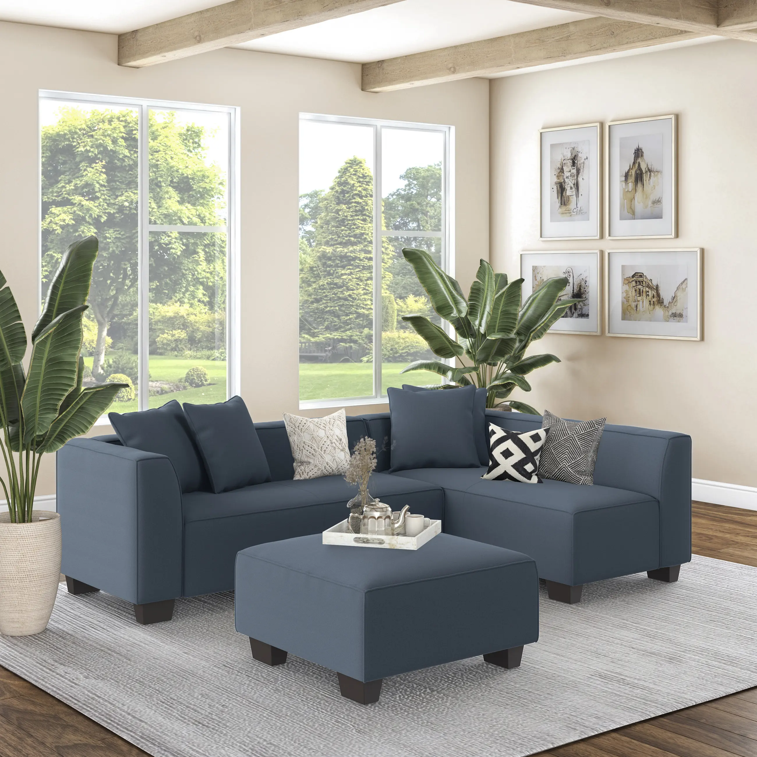 Nokaa Modular L-Shape Sectional Sofa with Ottoman and Throw Pillows, Navy Blue Fabric Upholstery, Black Plastic Legs, Living Room Furniture Set for Apartment, Family Room, Office Lounge