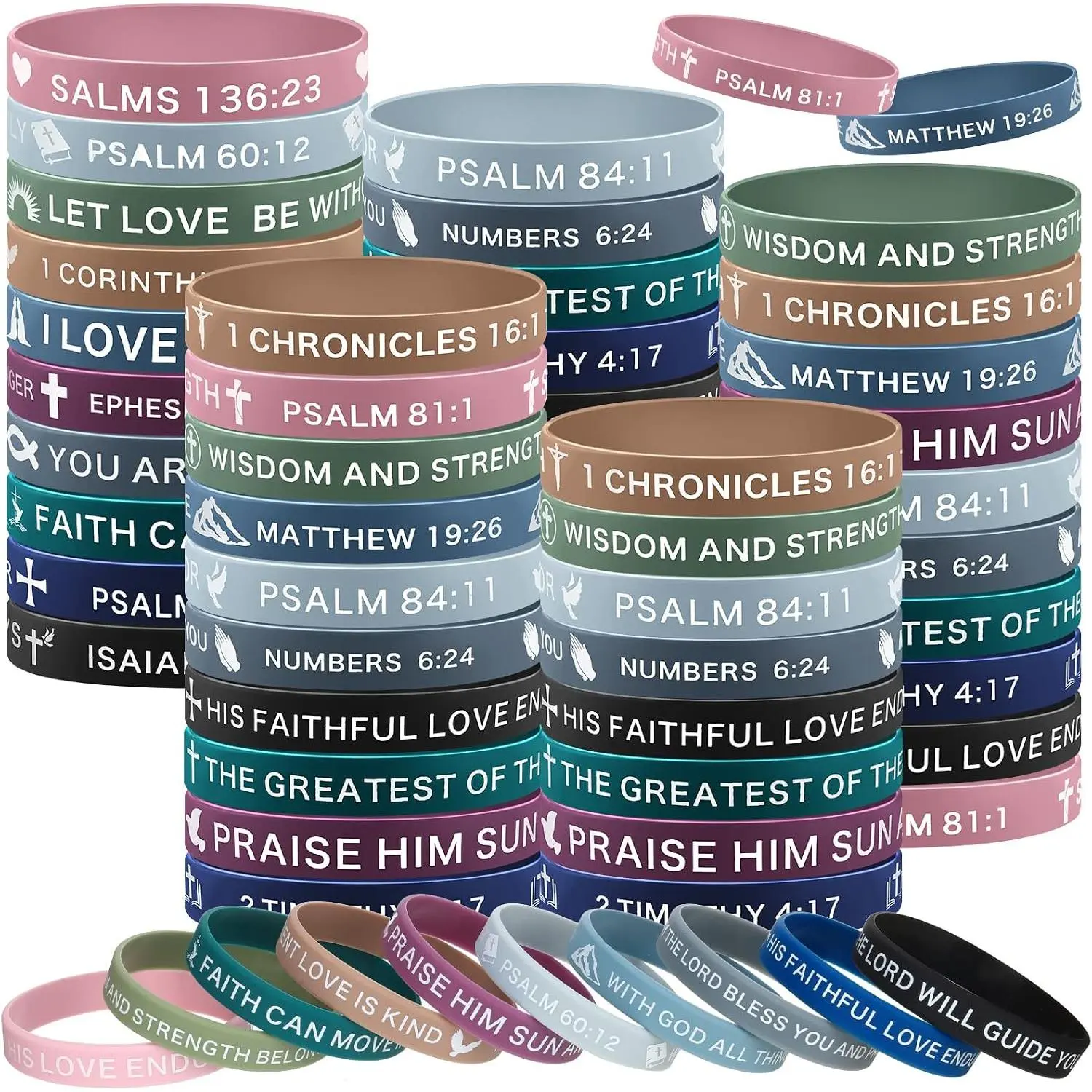 60 count Religious  Bracelets Bulk  Verse Bracelet Motivational Christian Rubber Bracelets  Wristbands Inspirational Gifts for Men Women(Classic Colors)