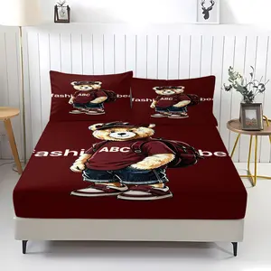 Fashionable teddy bear printed pattern bed sheet, including 1 bed sheet and 2 pillowcases, anti slip dust cover suitable for bedrooms and guest rooms, suitable for personal use or gift giving