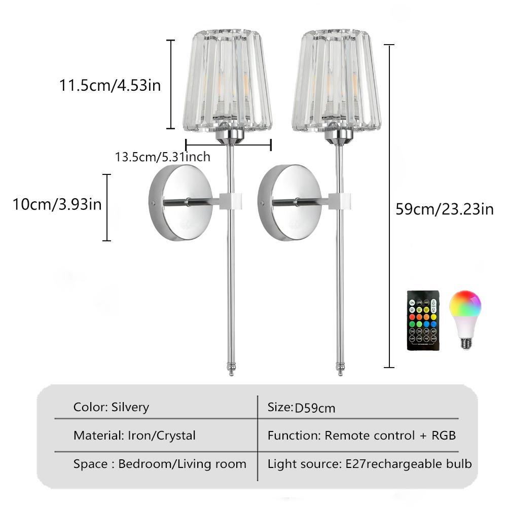 Crystal Wall Lamp, 2P Wireless USB Charging Wall Lamp, Touch and Remote Control, RGB Dimmable Adjustable Lights For Various Scenarios, For Bedroom, Living Room, Restaurant, Study, Hotel, Indoor Decorative Atmospheric Lighting Fixture