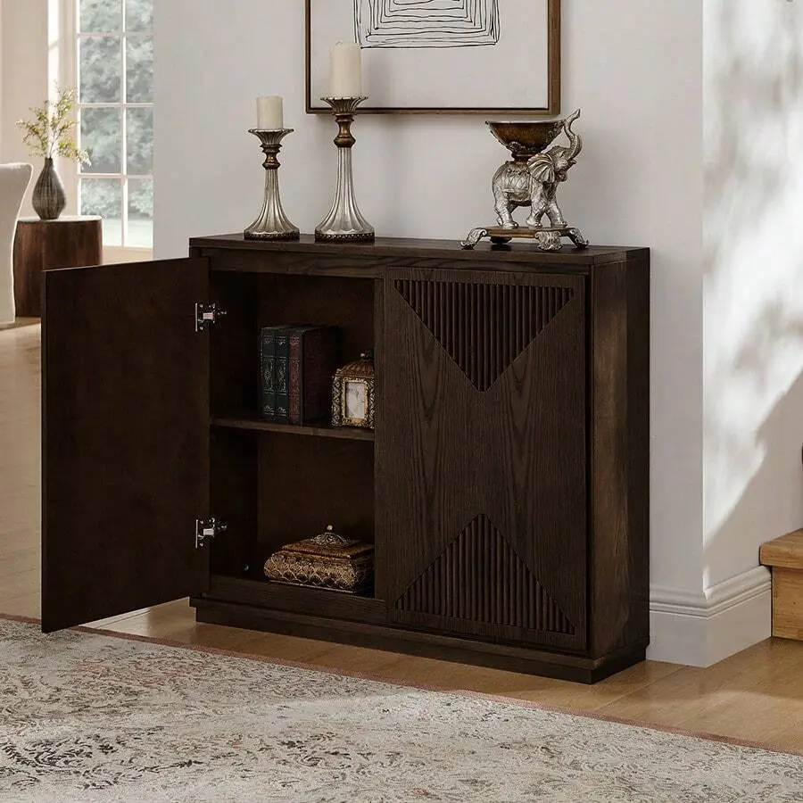 Mid Modern Fluted Sideboard Buffet Cabinet - Narrow Shape with Storage Space, V-Groove Doors, Solid Wood Veneer Console Table for Living Room & Dining Room, Sturdy Base, Easy Assembly