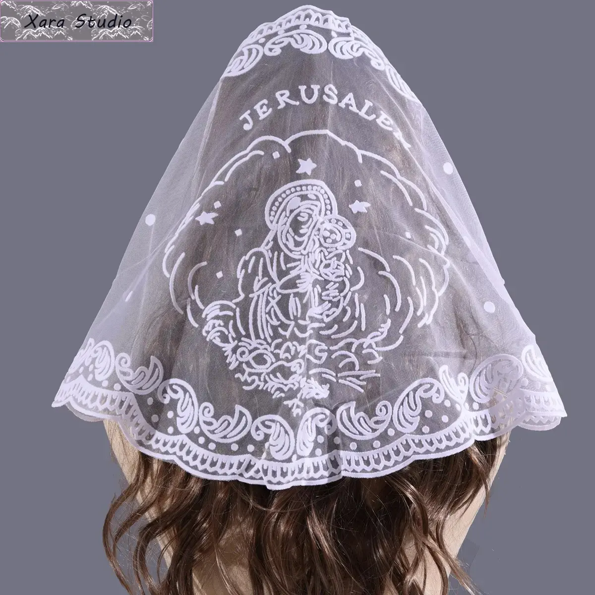 Women's Jerusalem Church Embroidered Catholic Virgin Mary Lace Mantilla Veil - Christian Infinity Scarf, Scarf Head Wrap for Mass Pilgrimage, Fashion Headwear, Plastic Sports & Outdoor Accessory