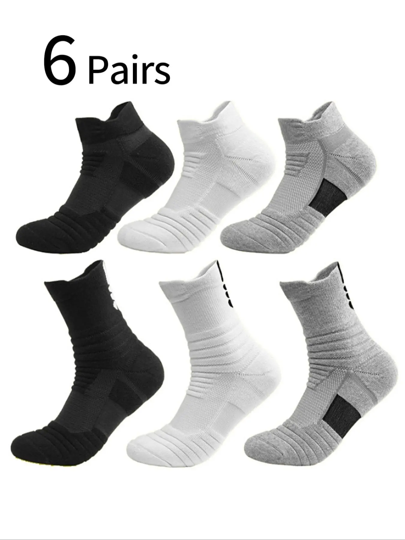 6 Pairs Men's Basketball Socks, Long Cuff Professional Court Socks, Low Top Thick Sports Socks, Comfortable Breathable Anti-Odor Running Socks