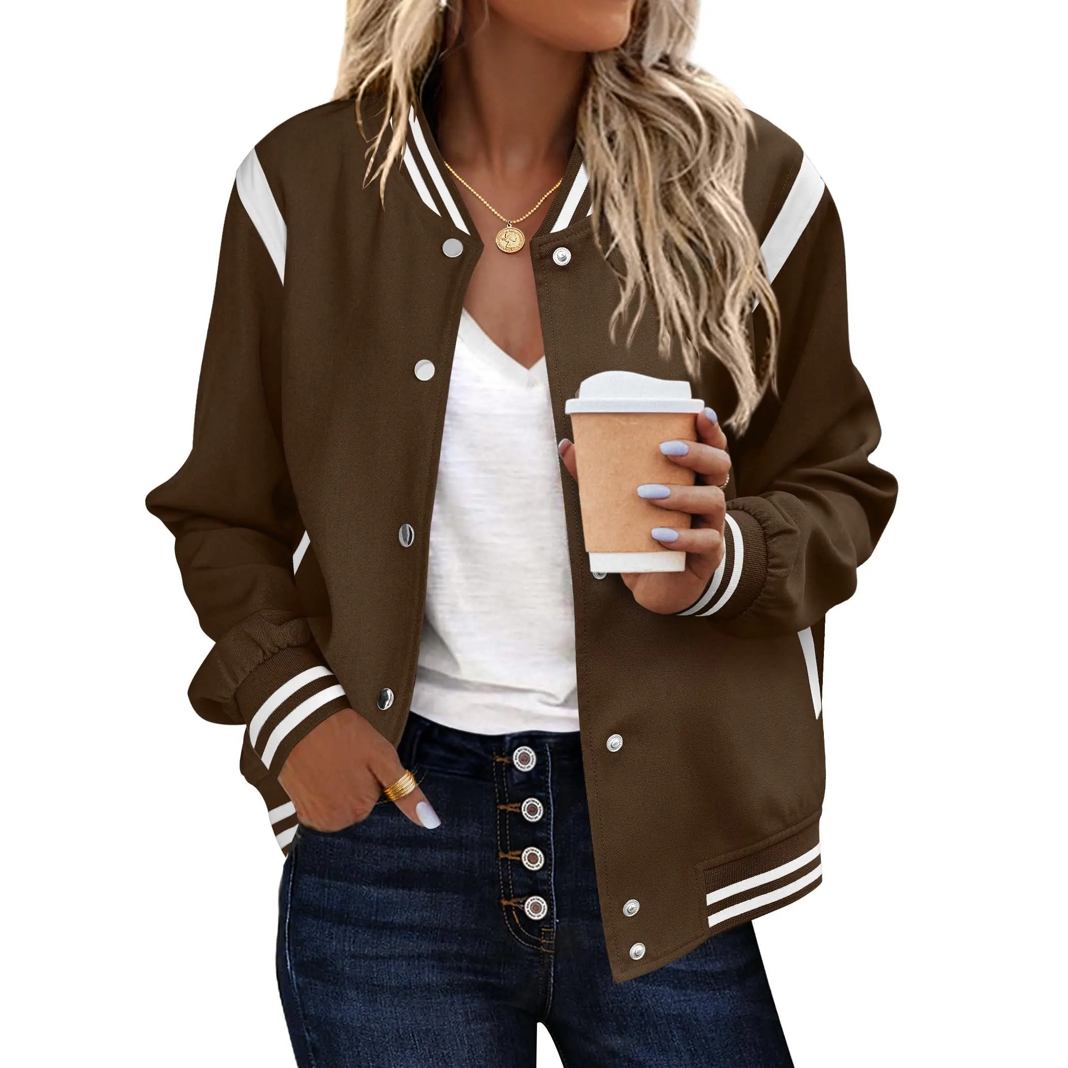 Zeagoo Women's Casual Collared Colorblock Bomber Jacket Lightweight Snap Outerwear Tops with Pockets Longsleeves Fall Fashion Outfit, Polyester Blend, Cute Bomber, Medium Length, All-Year Wear, All Seasons