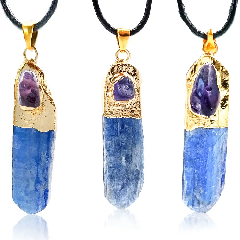 Women's Natural Irregular Raw Blue Kyanite Pendant Necklace with Inlaid Amethyst - Casual Daily Wear Costume Jewelry Fashion Accessory (Random Irregular Sizes)