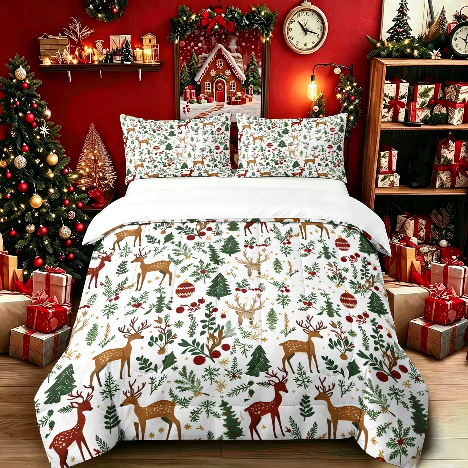 Merry Christmas Comforter Set Full Queen Size,Reindeer Pine Tree Holly Berry Bedding Set,Kids Teens Adults Room/Xmas Farmhouse Cabin Decor,Woodland Forest Printed Comforter,1‑2 Pillowcases+1 Quilt