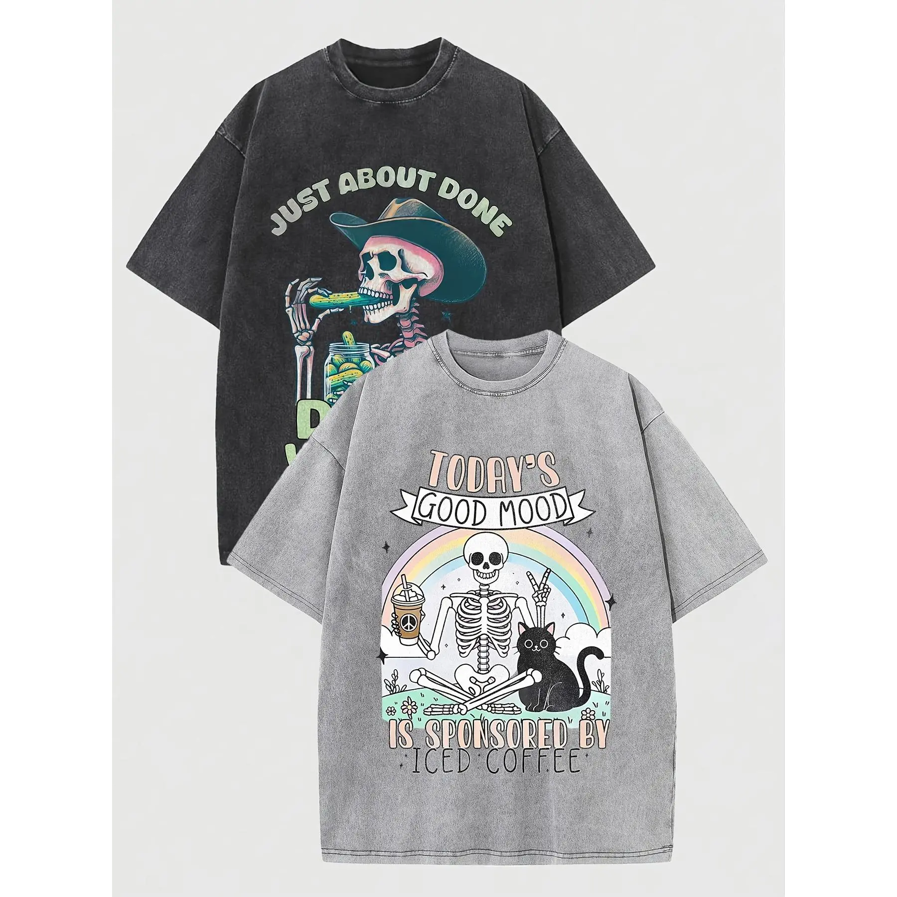 2pcs Pc Men's Retro American Funny Skeleton Cowboy & Iced Coffee T-Shirt - Loose Fit Short Sleeve Crew Neck, Combed Washed Cotton Suitable for Summer Casual Wear, Themed Outfits, Machine Washable Digital Print Vintage Apparel