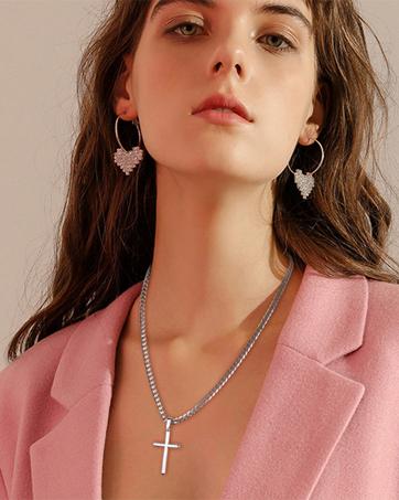 MILACOLATO Solid 925 Sterling Silver Cross Necklace for Men Women, 2mm Diamond-Cut Sterling Silver Chain with Cross Pendant Beveled Edge for Men, Silver Crucifix Cross Necklace Jewelry 16-24 Inches (Cuban Chain/Figaro Chain/Wheat Chain/Rolo Chain)