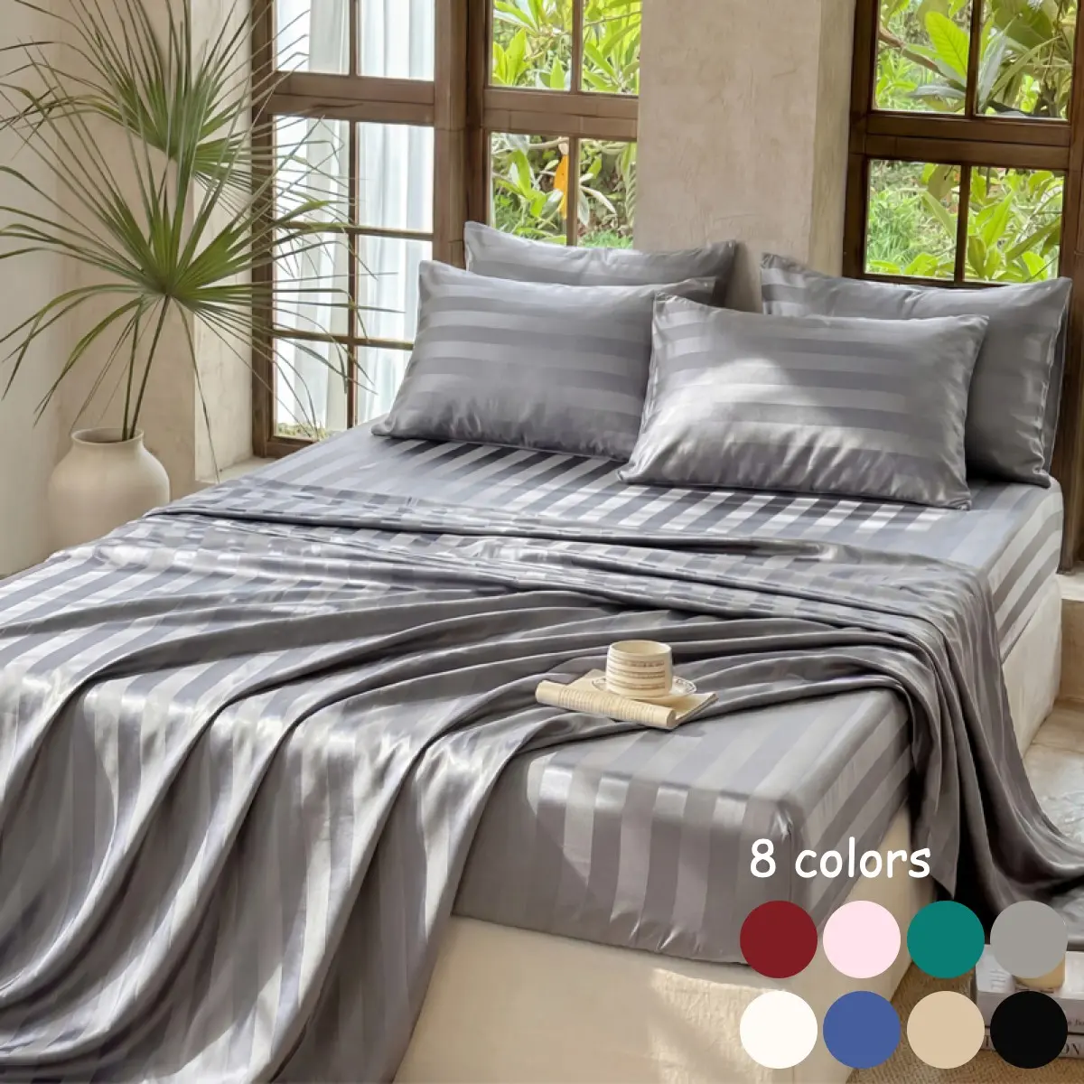 3/4pcs Satin Stripe Cooling Bedding Set, Soft Skin-Friendly Breathable Striped Fitted Sheet, Flat Sheet and 2 Pillowcases, Dustproof Mattress Cover Set for Bedroom, Dorm & Hotel, All-Season Use, Multiple Sizes Available, Cooling Sheets Set, Bed Sheet Sets