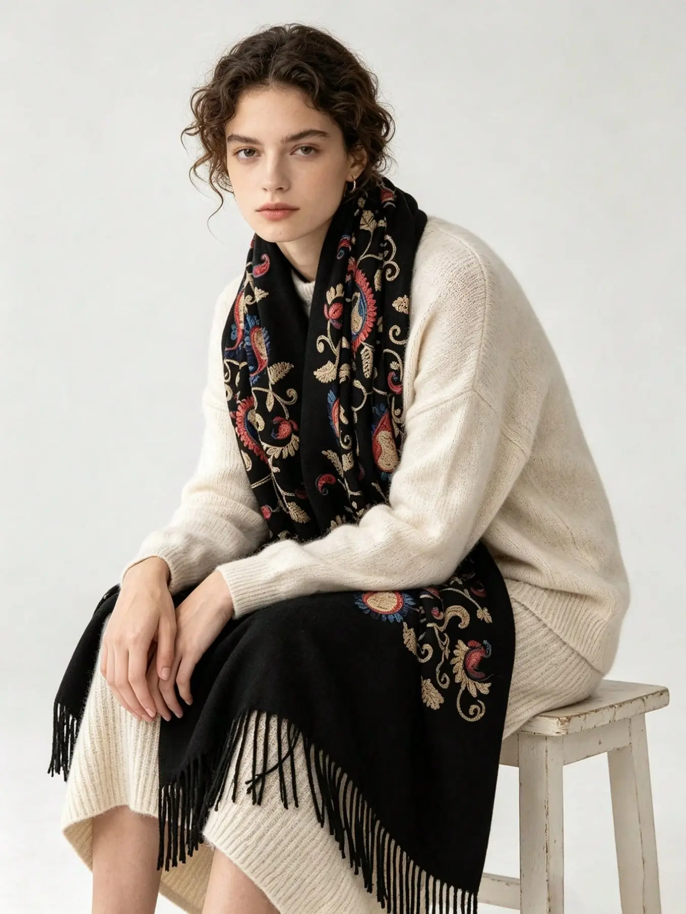 Vintage Colorblock Jasmine Flower Embroidered Scarf, Thick Warm Large Shawl, Perfect for Commute and Dates, Luxury Holiday Gift for Women