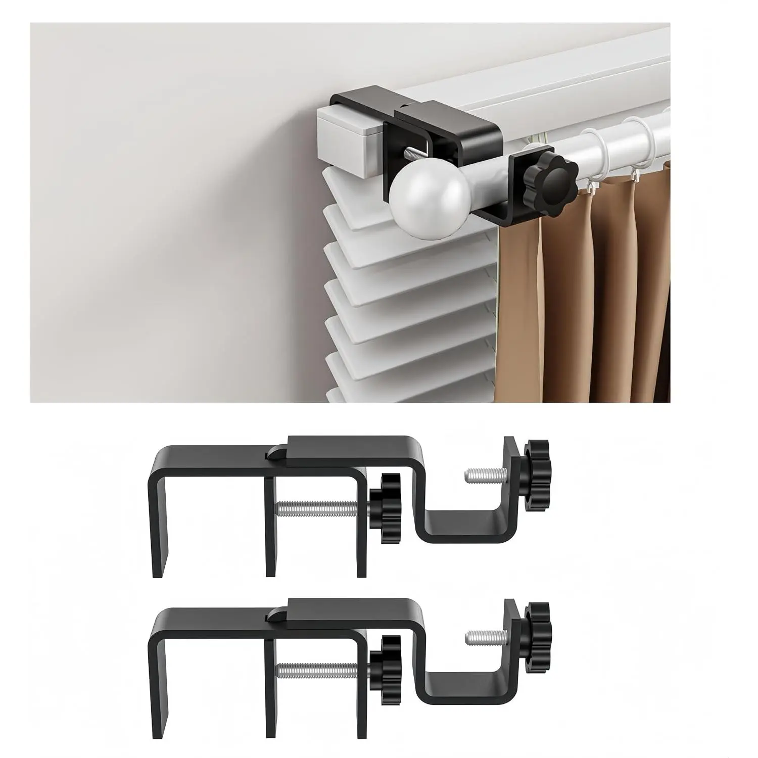 Over-Blinds Curtain Rod Brackets for Outside-Mounted Blinds, Blinds Curtain Rod Brackets for 1.3-2" Rectangular Headrails, Tool-Free No-Drill Installation for Apartments, Rentals Set of 2 (Black)