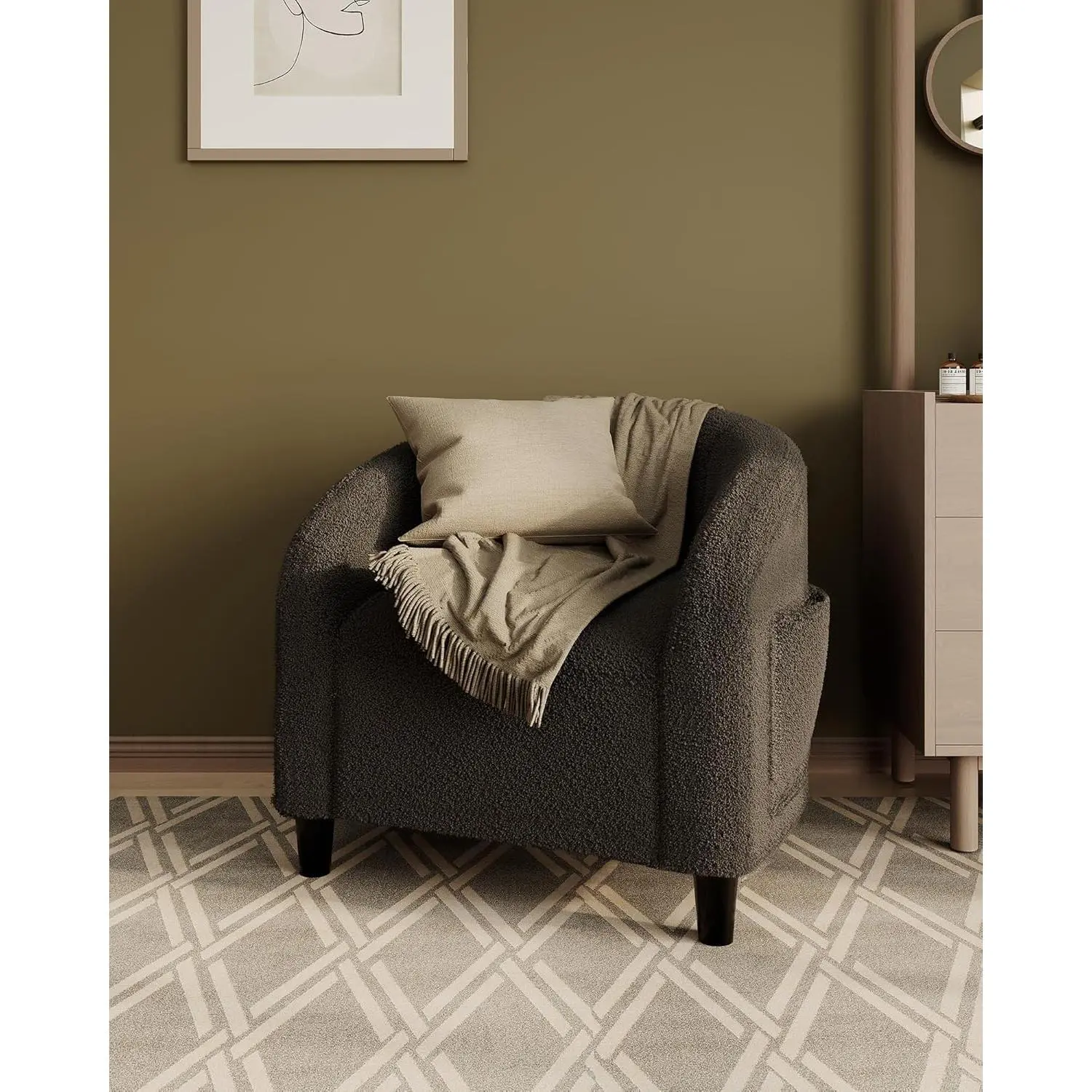 Round Barrel Boucle Sherpa Accent Armchair, Stylish Club Lounge Chair, Decor Single Seat Furniture for Bedroom, Living Room, Office and Reception Area