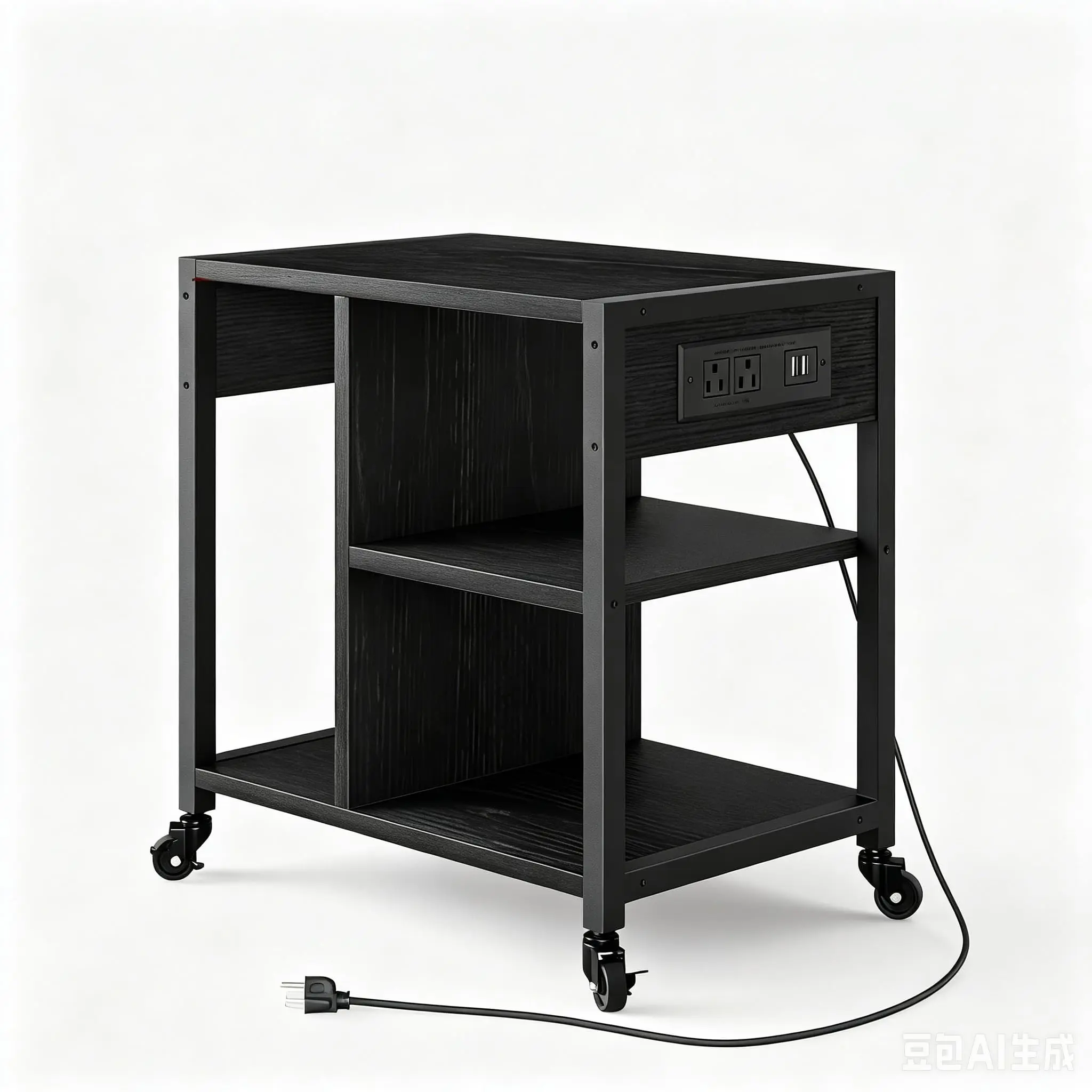 Rectangular 3-Tier Industrial Under Desk Printer Stand with Charging Port, Locking Casters, Mobile Design for Home Office Small Spaces, Black & Gray Options