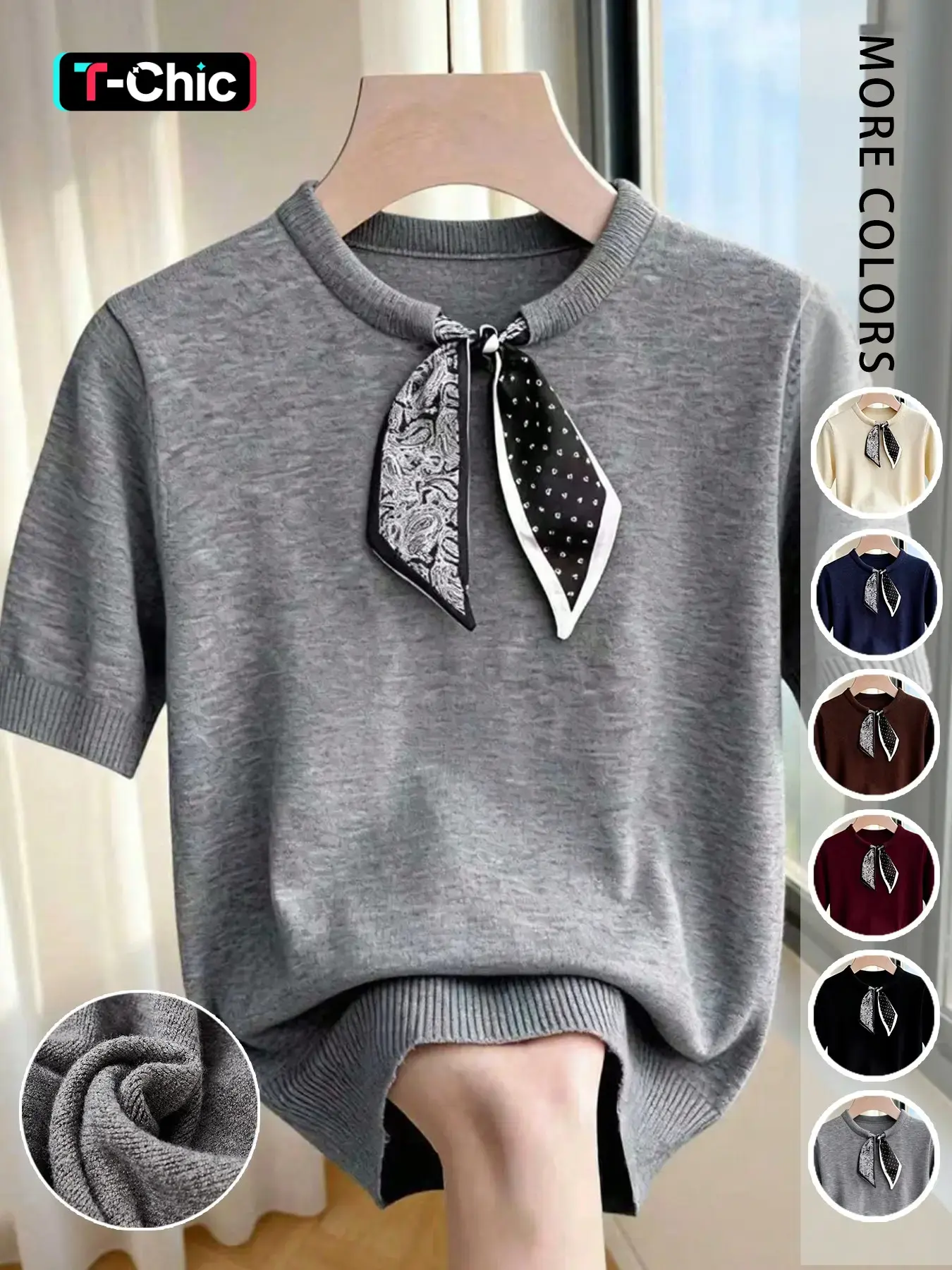 Short Sleeve Knit Sweater with Attached Scarf, Casual Commuter Style Knitwear, Spring & Fall Inner Layer Wear, Womenswear