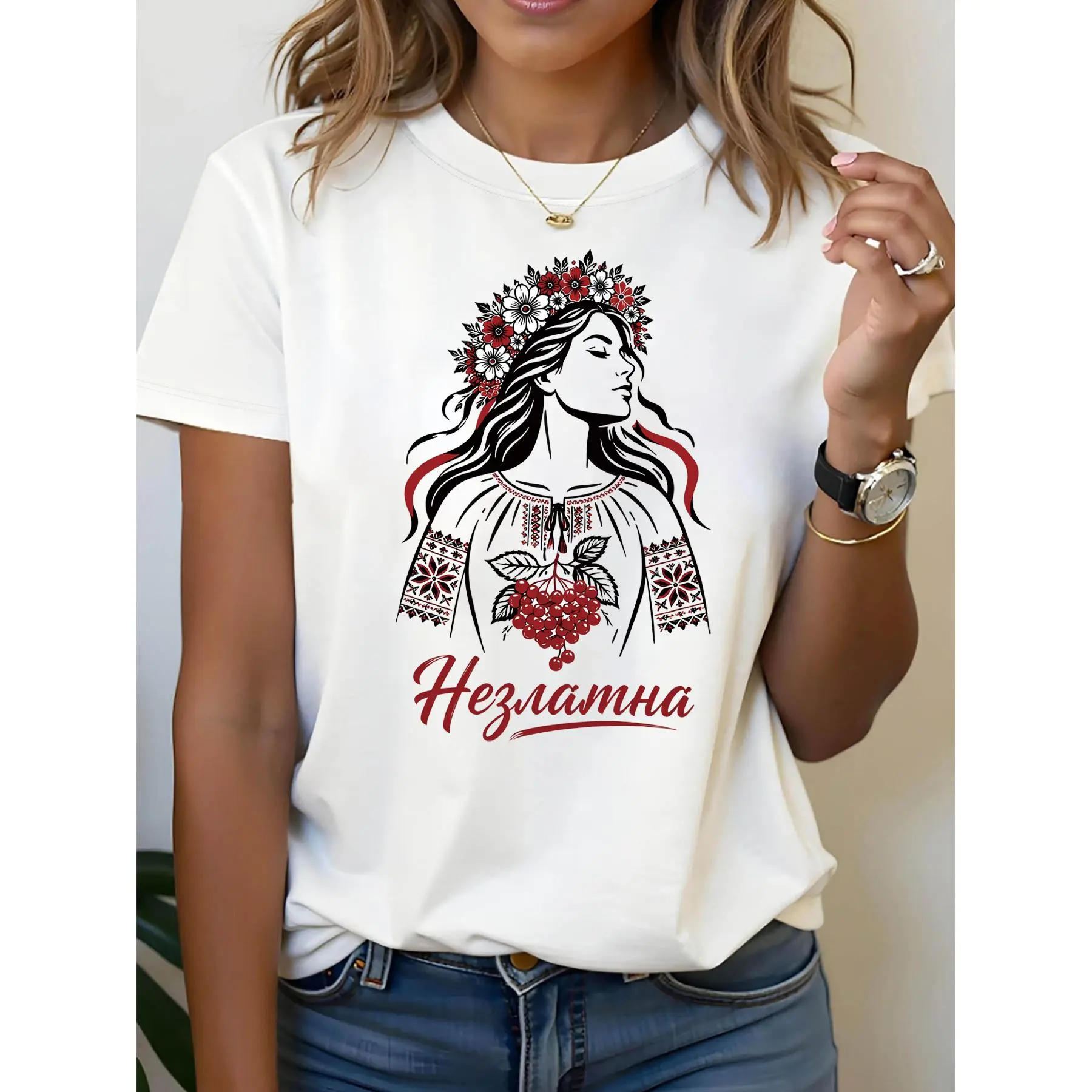 Russian Letter Print T-Shirt, Short Sleeve Crew Neck Casual Top for Summer And Spring, Women'S Clothing