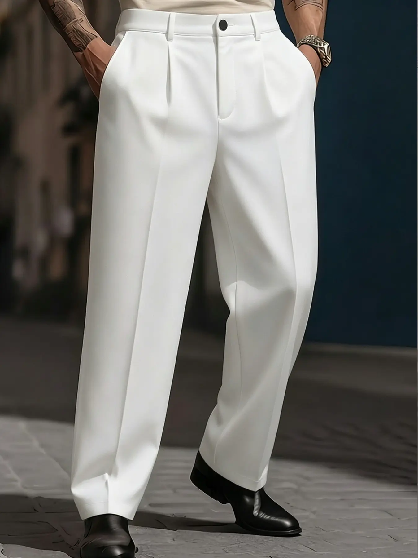 Men's Casual Fashion Slant Pocket Suit Pants, Business Work Clothes, Lightweight Long Hem Design, Loose Fit, Comfortable Fabric, All Seasons