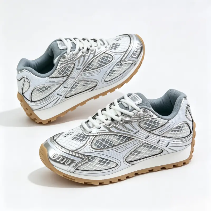 Retro Mesh Running Sneakers, Metallic Silver Patch Casual Walking Shoes, Breathable Low Top Lace Up Trainer, Fashion Y2K Sporty Outdoor Daily Lifestyle Athletic Shoes