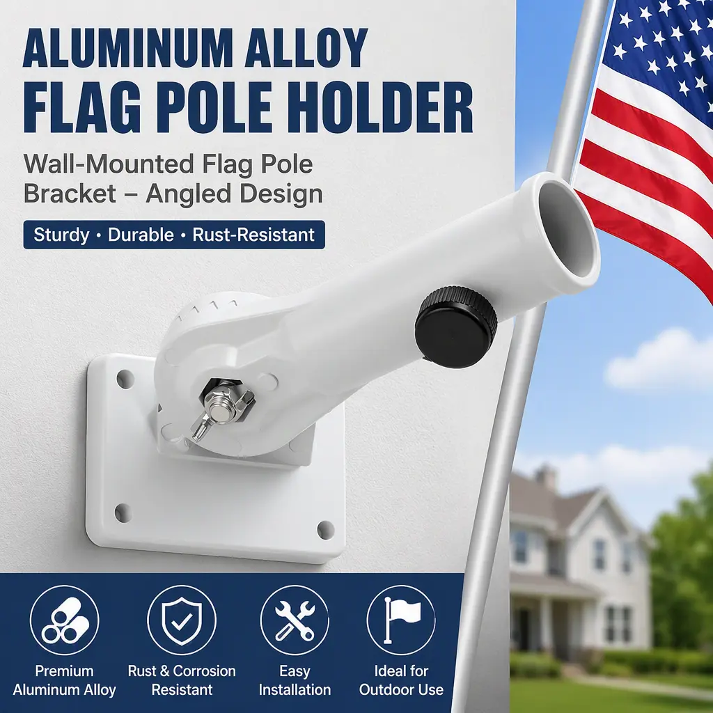 Adjustable Wall Flag Mount, White Aluminum Alloy Flag Pole Holder, Metal Flag Bracket for Home Yard Decoration