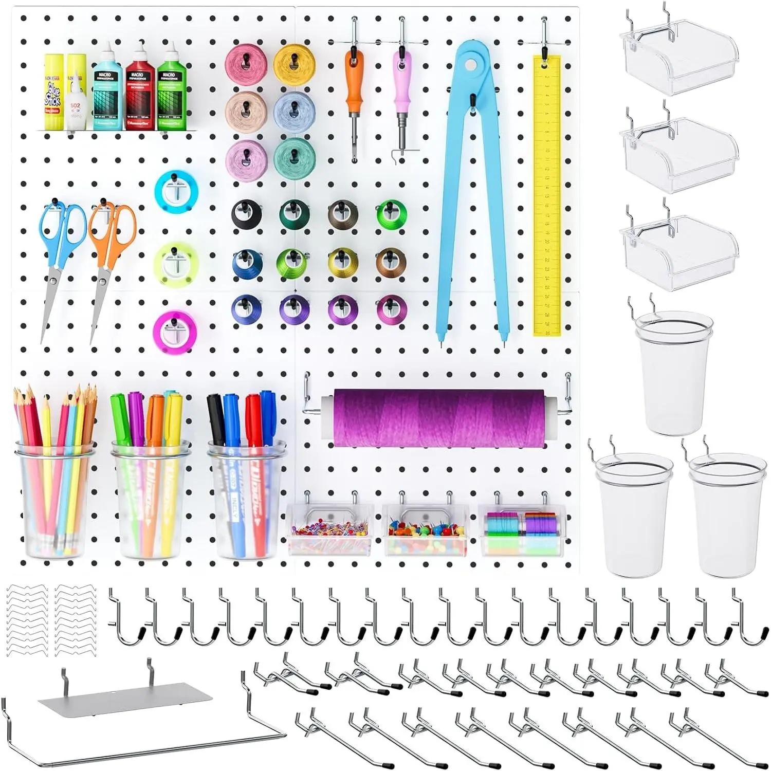 70PCS Metal Peg Board Kit with 1/4" Pegboard Accessories, 4 Pack White Pegboard Panels, Bins, Cups and Peg Board Hooks, Paper Towel Holder, Pegboard Wall Organizer for Craft Room, Office, Sewing