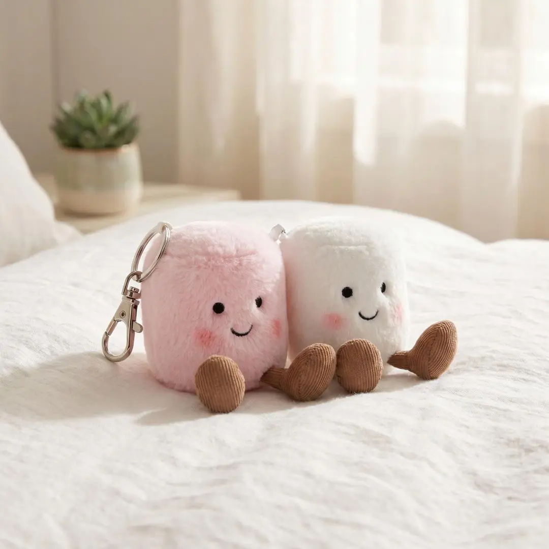 Cute Marshmallow Plush Matching Keychain Set, Kawaii Fluffy Backpack Charm, Soft Stuffed Toy Bag Chains and Charms, Aesthetic Gifts for Girlfriend, Bag Accessories, Gingham, Mini Gifts