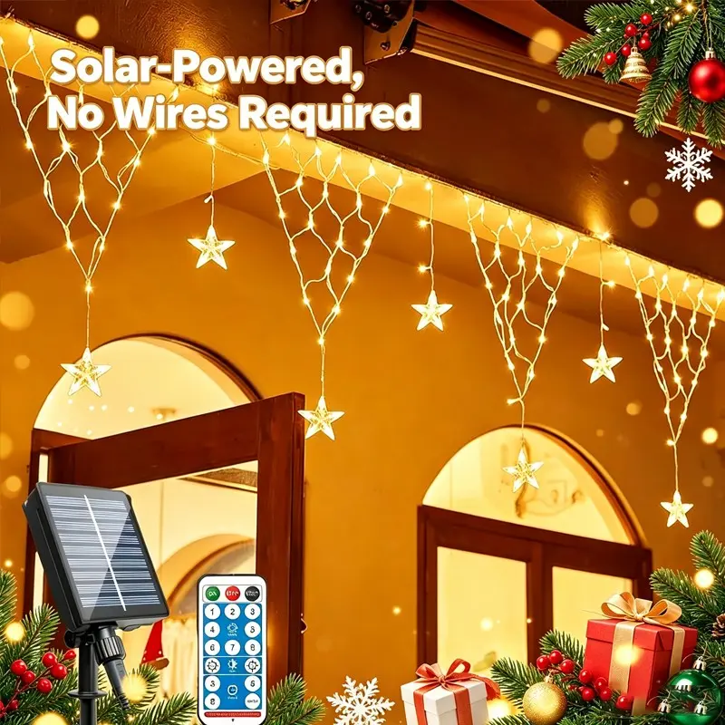 Solar Christmas Net Lights, Christmas Lights Outdoor Decorations，LED Waterproof Outdoor Christmas Decoration, 8 Modes ，Timer Curtain Fairy Lights, Balcony Fence Roof Porch Fence Window  Holiday Decoration