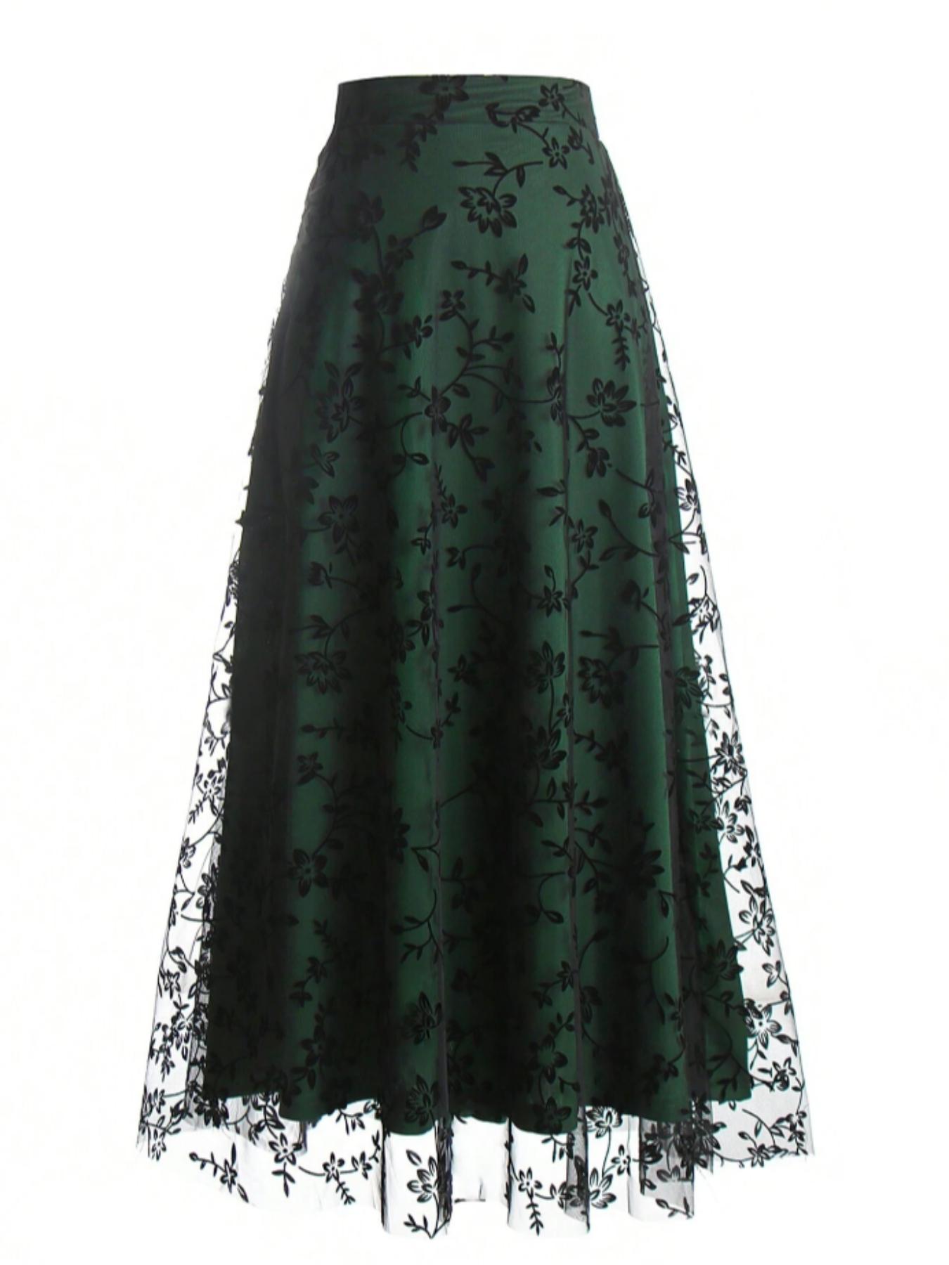 Women's Floral Embroidery Contrast Mesh A Line Skirt, Elegant High Waist Midi Skirt for Party Holiday Wedding Guest, Ladies Bottoms for All Seasons