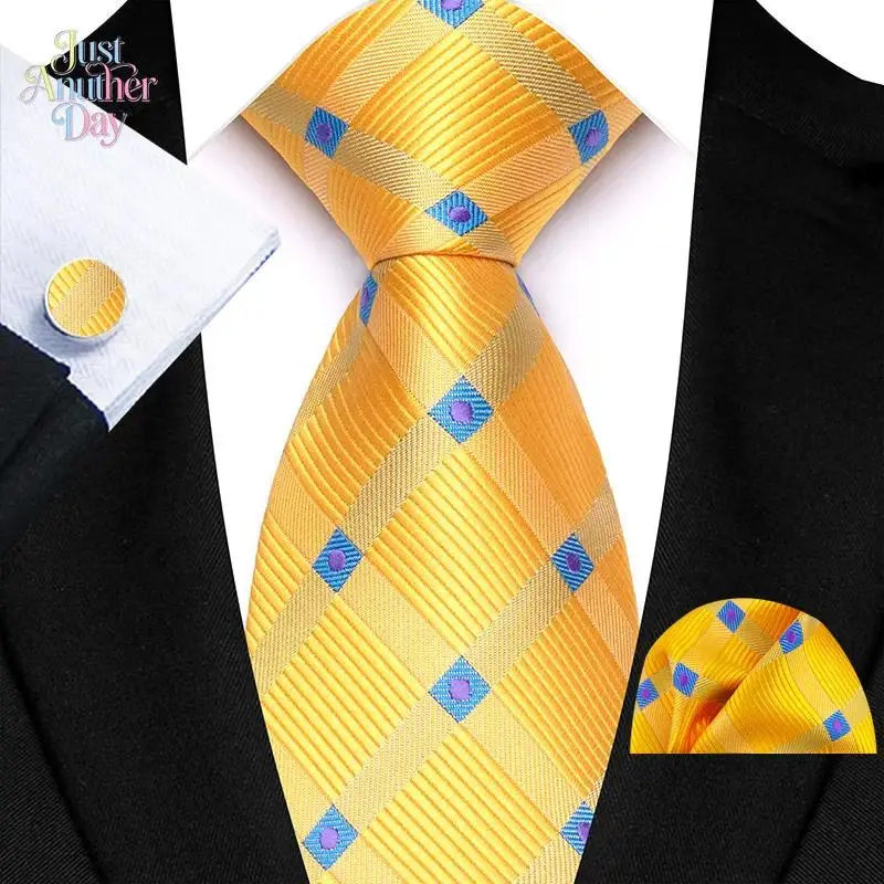 Men's Yellow Plaid Silk Necktie Set - 3-Piece Formal 8cm Wide Tie with Pocket Square & Cufflinks for Wedding, Anniversary, Christmas