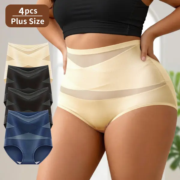 QUASTI Women's 4Pcs Plus Size High-Waist Micro-Sculpt  Panties - Lightweight Tummy Control, Hip Lifting, Postpartum Recovery, Summer Thin Breathable Slimming Shapewear for Curvy Women (1XL-5XL, Fits Jeans, Flat Basic Style)