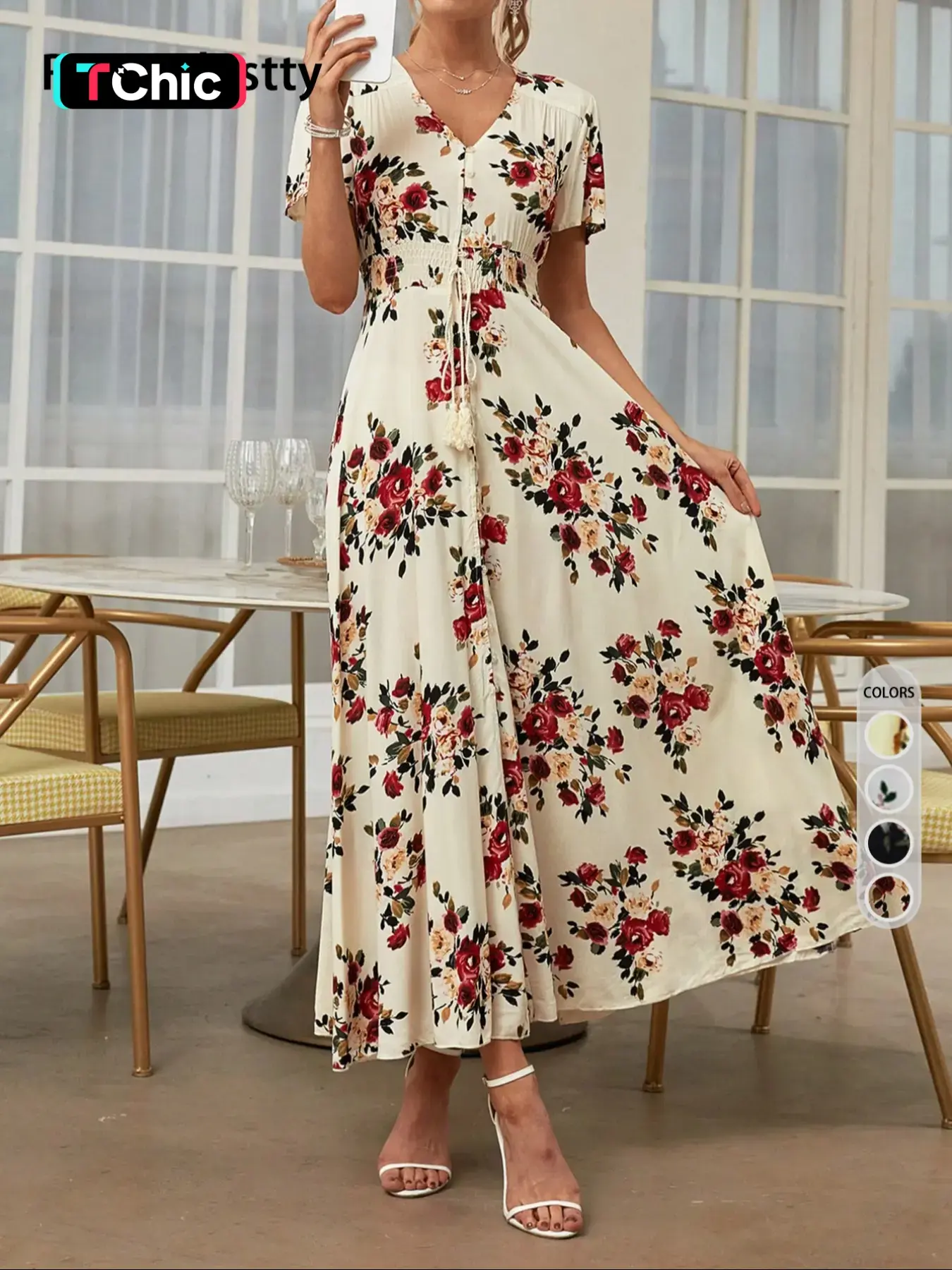 Women's Floral Print Vneck Button Front Maxi Dress, Boho French Style Chic Casual Short Sleeve Dress for Summer, Women's Clothes for Beach Vacation Holiday