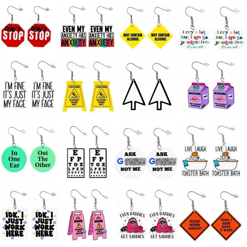 16PC Funny Dangle Earrings Cute Crazy Silly Nerdy Wacky Quirky Sarcastic Hilarious Quote Novelty Unique Trendy Gifts for Women Office Coworker Work