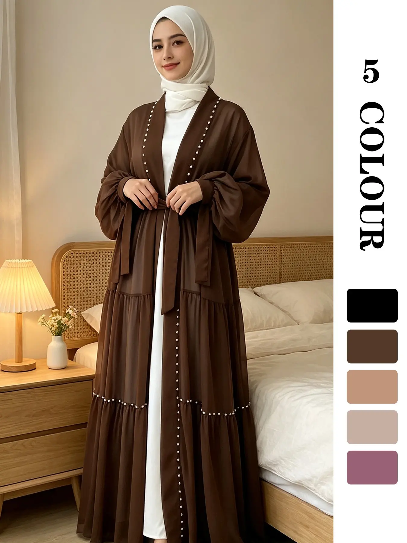 Women's Solid Color Beaded Decor Lounge Dress, Classy Modest Dresses, Modest Clothes, Modest Outfit, Casual Long Sleeve Open Front Dress for Daily Wear, Ladies Sleepwear for All Seasons, Modest Style Dress