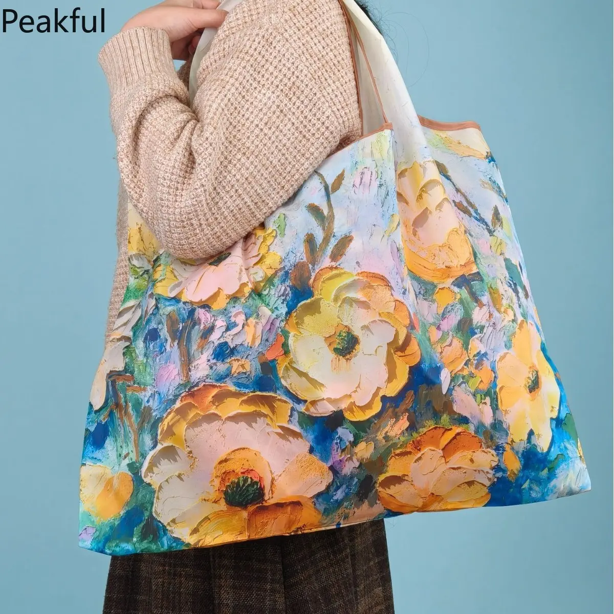 Large Capacity Foldable Grocery Bag, popular artistic print eco-friendly hand tote with durable waterproof surface and stylish oil painting patterns. Fold into tiny pouch to save cabinet space, great for neighborhood shopping trips, picnic supply packing