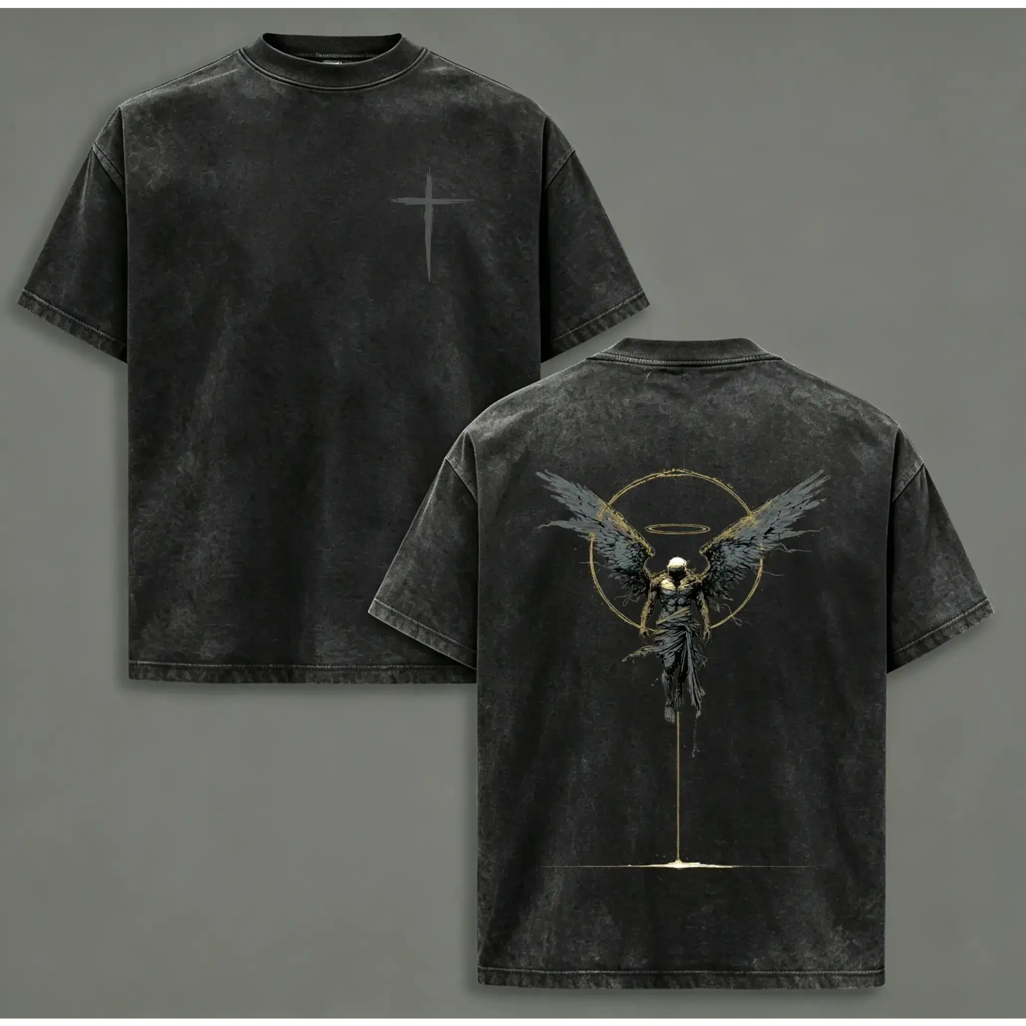 ARCHANGEL OF REPENTANCE T-Shirt Acid Wash Pump Cover Fallen Angel Double Printed Heavy Cotton Unisex Crusader Armor Graphic Tee, Vintage Cross Shirt, Medieval Warrior Streetwear,Gothic Faith Oversized Tee Stylish Seamless
