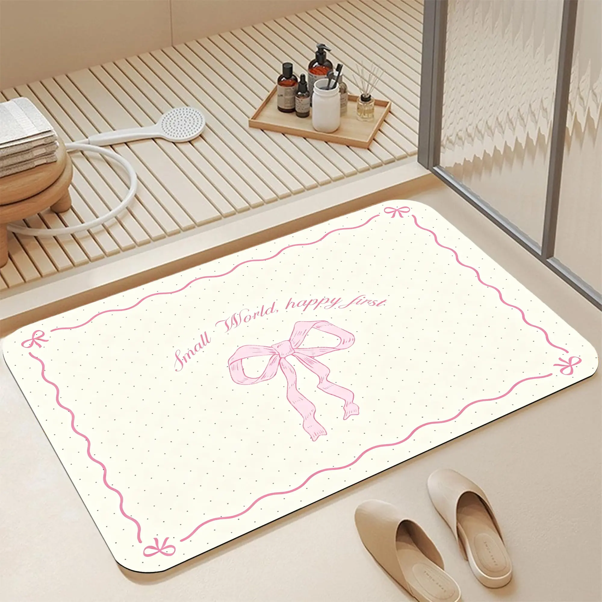 16*24" Cream Base Pink Wavy Frame Hand Drawn Bow Tiny Polka Dot Coquette Diatomite Bath Mat |   Quick Dry Non Slip Sweet Girly Vintage Ribbon Bow Letter Print Diatomaceous Earth Bath Mat Fast Water Absorbent Soft Feminine Cute Pastel Shower Rug