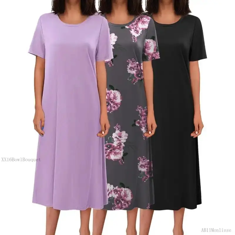 Women's Floral & Solid Nightgowns, 3 Pack Soft Full Length Sleep Dress, Cozy Short Sleeve Plus Size Casual Loungewear, Nightgown Sleepwear, Cozy Nightwear, Pack Deal, Lady, Round Neck, Large, Soft Fabric, Long Length, Shortsleeve, Casual WeXX16BowlBouquet