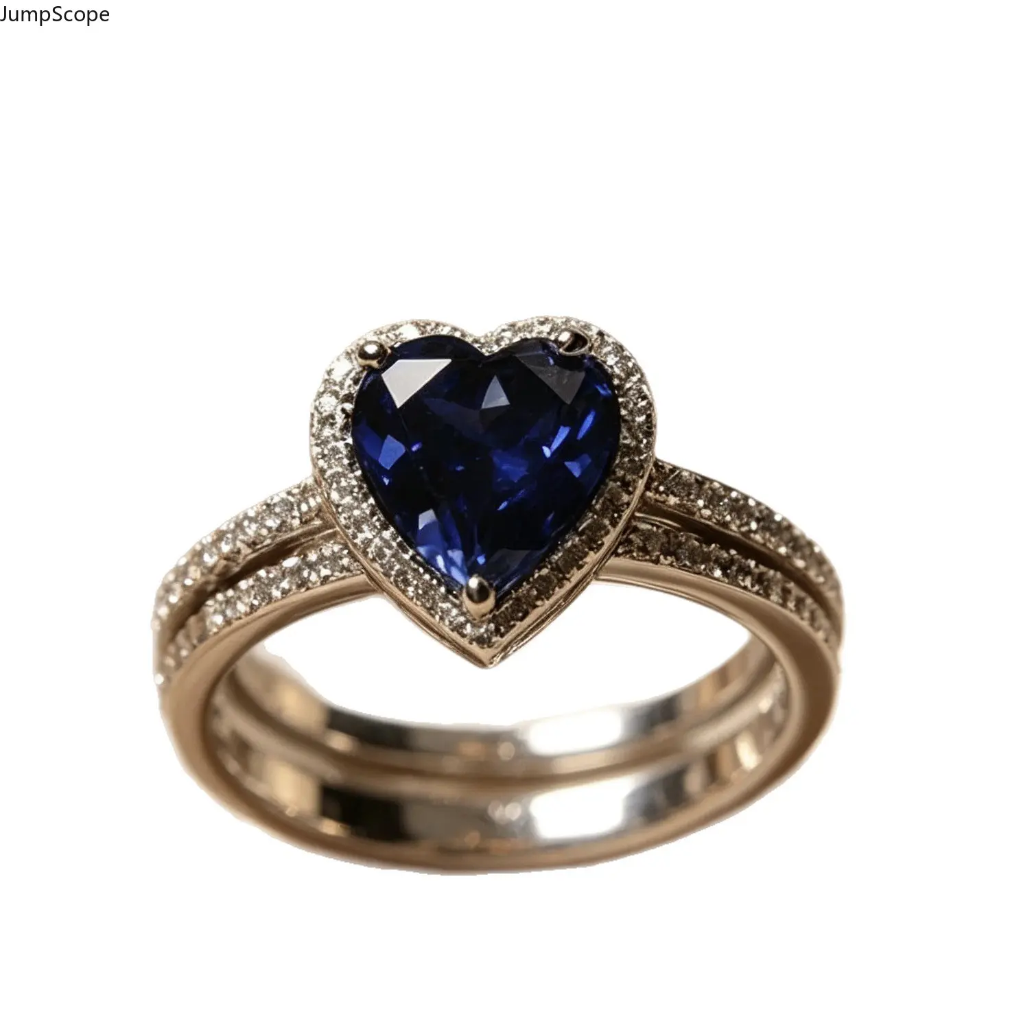 Women's 2-Piece White Gold-Plated Heart-Shape Ring Set - Royal Blue Sapphire CZ, Full Pave Halo Solitaire, Stackable Dual Row Zircon Band for Wedding, Valentine Day Formal Wear