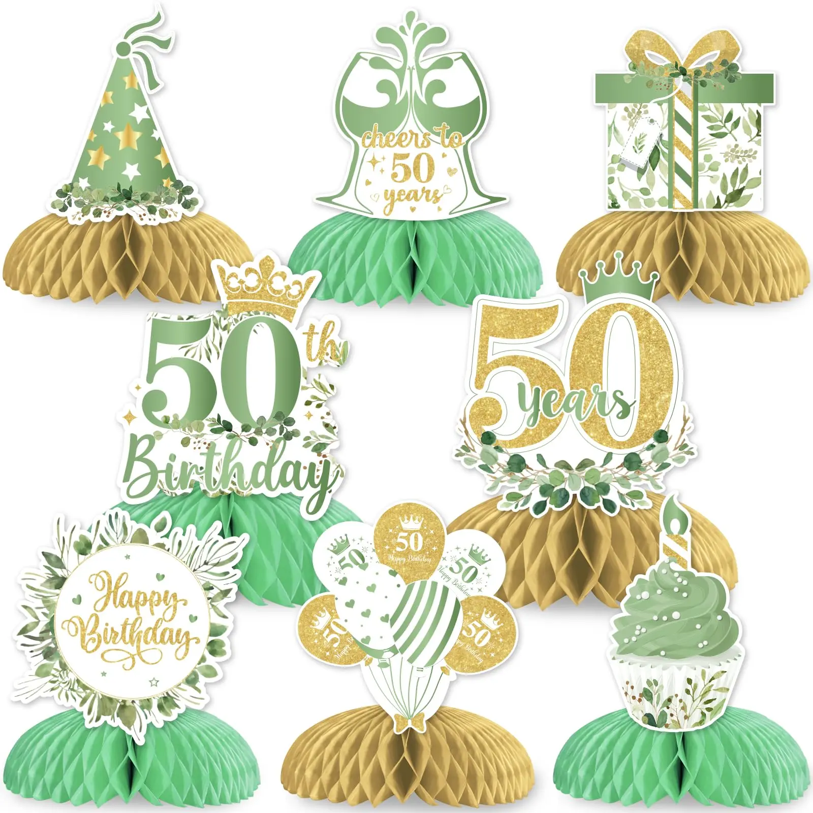 8 Pieces Sage Green 60th Birthday Honeycomb Centerpieces  Greenery 60th Birthday Decorations for Women Men Green White and Gold Sixty Birthday Table Toppers Party Supplies