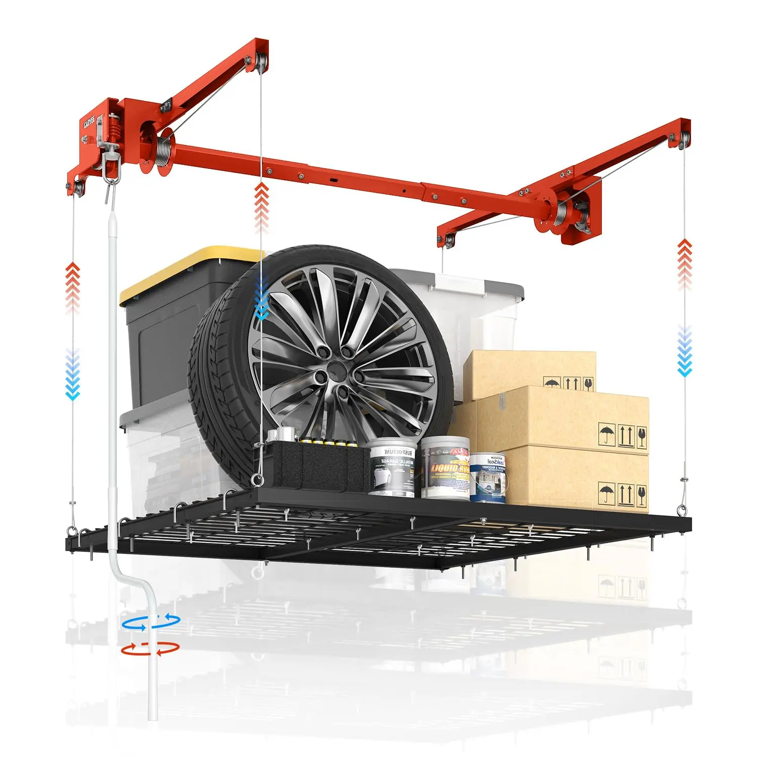 Overhead Garage Storage Rack Lift – Ceiling Mounted Storage Rack, 12ft-79ft Adjustable Height, 800lbs/300lbs Capacity, Heavy Duty Metal