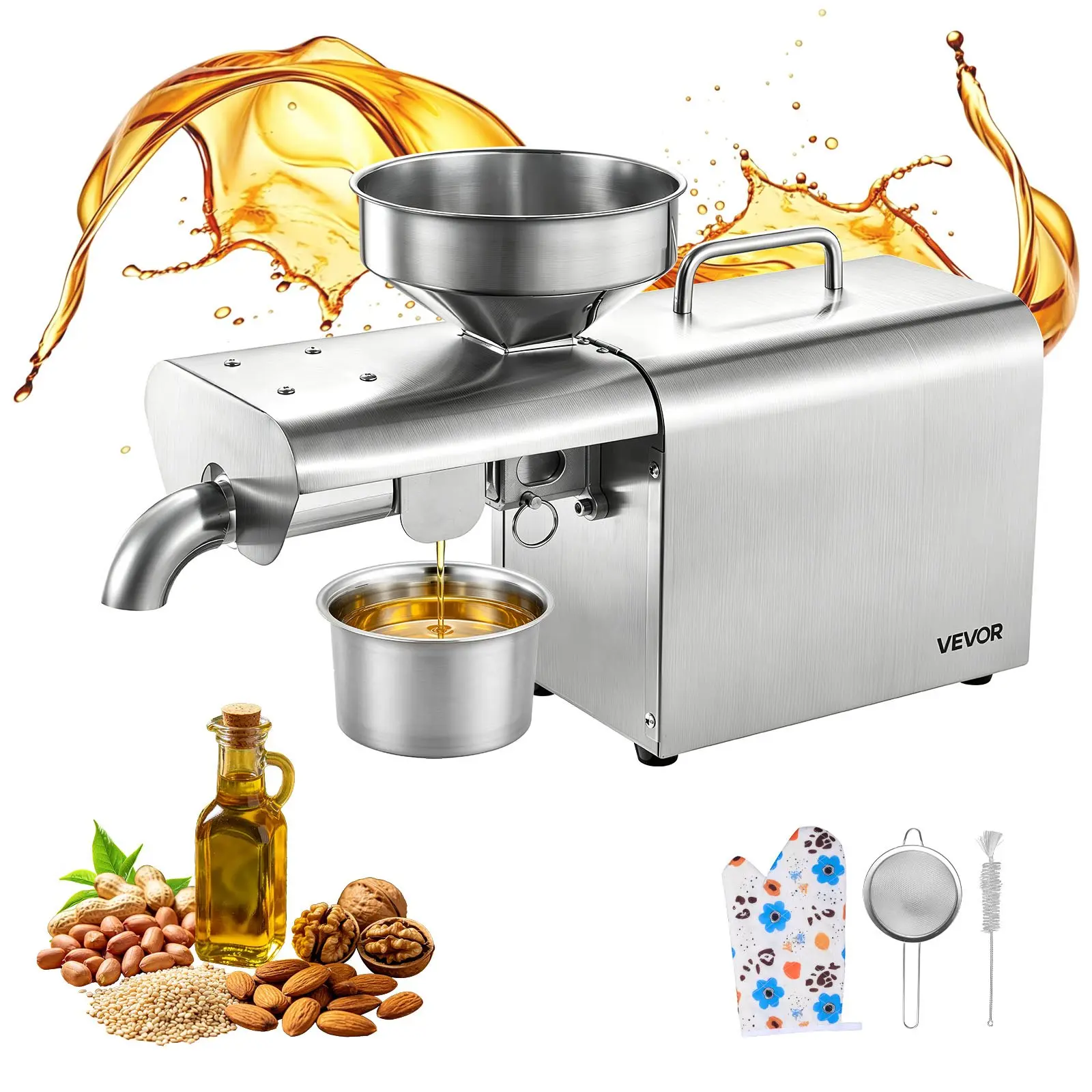 【toolupgrade】VEVOR 750W Motor Oil Press Machine, 8.27 LBS/H Capacity Electric Oil Extractor, Automatic Hot Press (122-572°F) for Home Commercial Use, Works with Peanuts, Sesames, Soybeans, Almonds