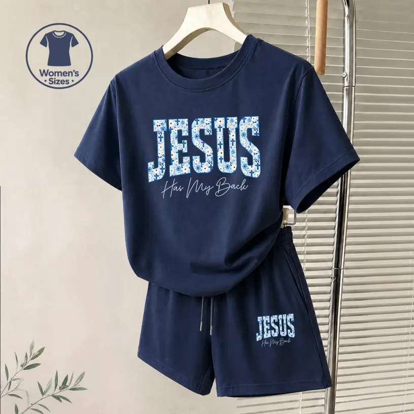 Women's Jesus Has My Back Graphic Short Sleeve T-Shirt And Shorts Set, Casual Summer Two-Piece Outfit With Crew Neck Top And Drawstring Waist Shorts For Daily Wear