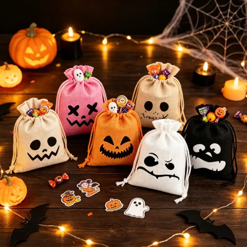 12/24 Pcs Halloween Funny Face Linen Drawstring Candy Bags,Assorted Colors Trick-or-Treat Goodie Gift Pouches for Halloween Party Gift Storage Supplies